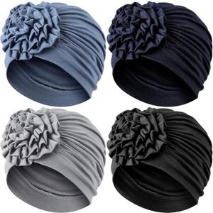 JenPen 4 Pcs Chemo Turban Headwear for Women Soft Cancer Cap Flower Turban Elastic Head Wrap for Cancer Patients Hair Loss