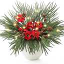 Suncalla 12 Pack Lighted Artificial Christmas Picks Pine Branches with Red Berry Stems 17 Inch Faux Norfolk Cedar Branches with Flower for Vase Garland Xmas Home Decoration Craft(Norfolk)