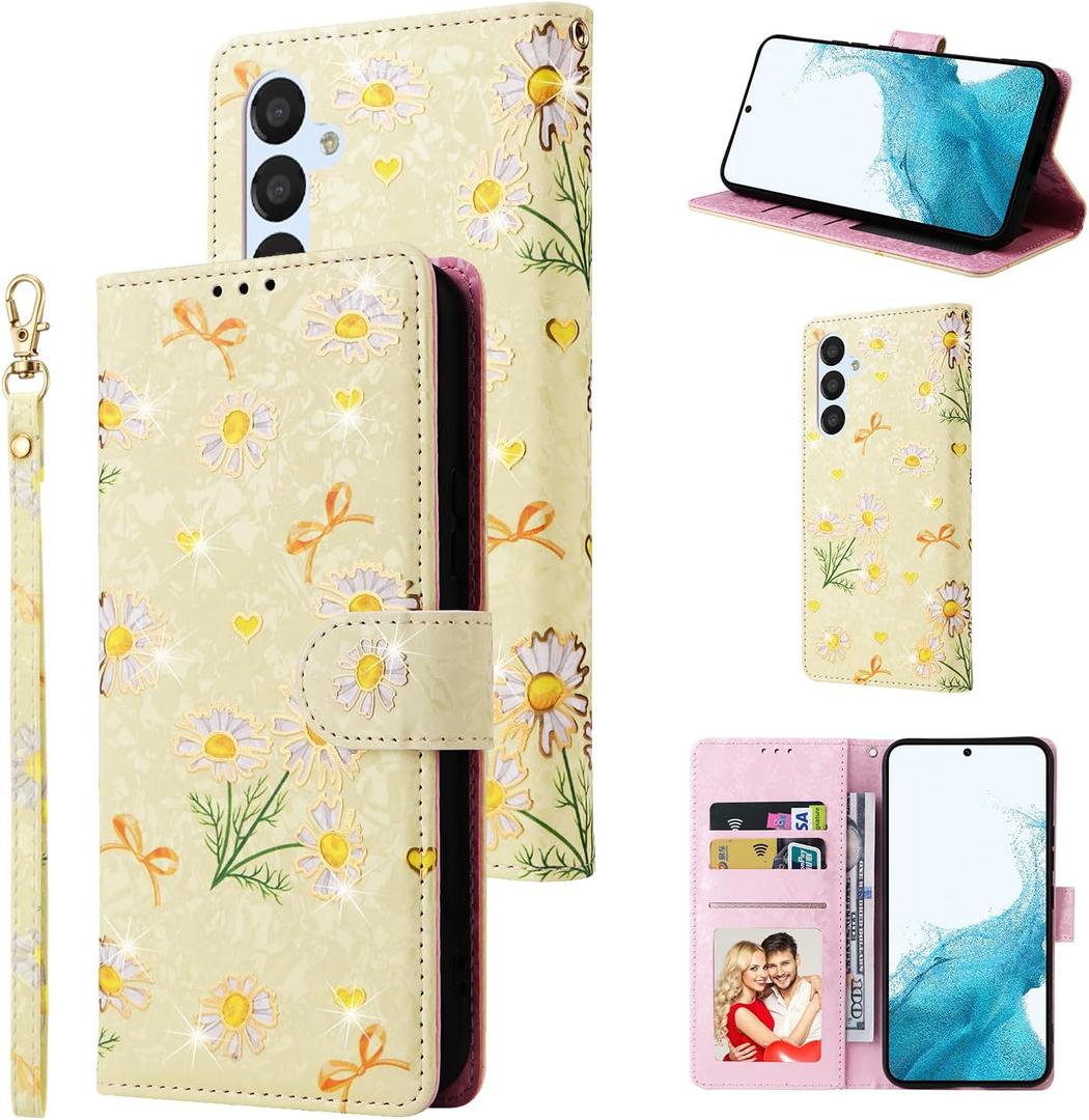 UEEBAI Wallet Case for Samsung Galaxy S25 5G, PU Leather Phone Case Kickstand RFID Blocking Flip Case Card Slots Wrist Strap Relief Engraved Pattern Magnetic Closure Flower Folio Case, Yellow Daisy