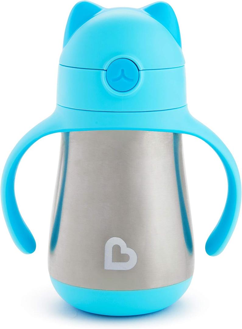 Munchkin Cool Cat Sippy Cup for Toddlers, Stainless Steel Straw Cup, 8 Ounce, Blue