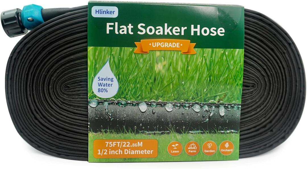 Flat Soaker Hose 75 FT for Garden Beds, 75Ft 1/2" Linkable Consistent Drip Irrigation Hose Save 80% Water, Leakproof Heavy Duty Double Layer Sprinkler Hose