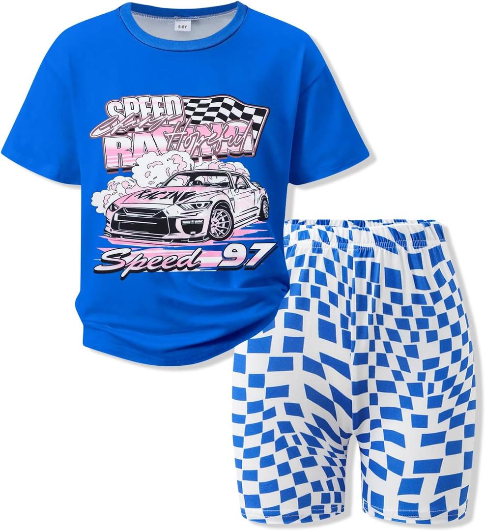 Girls Summer Clothes 2 Piece Outfits 3D Car Print Short T-Shirt and Plaid Pattern Shorts Clothing Set 5-12Y (Blue)