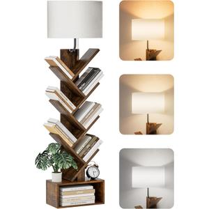 6 Tier Tree Bookshelf with Light, Corner Tall Narrow Bookshelf, Small Bookcase with Storage Cabinet,Floor Standing Bookshelves Organizer for Bedroom/Living Room/Home Office, Rustic Brown