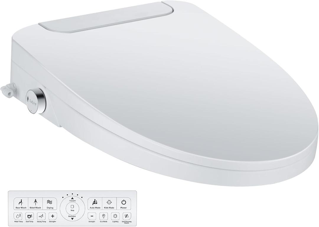 Electric Bidet Toilet Seat, Elongated, Warm Water with Air Dryer, Heated Seat and Slow Close Lid, Front and Rear Wash, LED Nightlight, Wireless Remote, White, 101