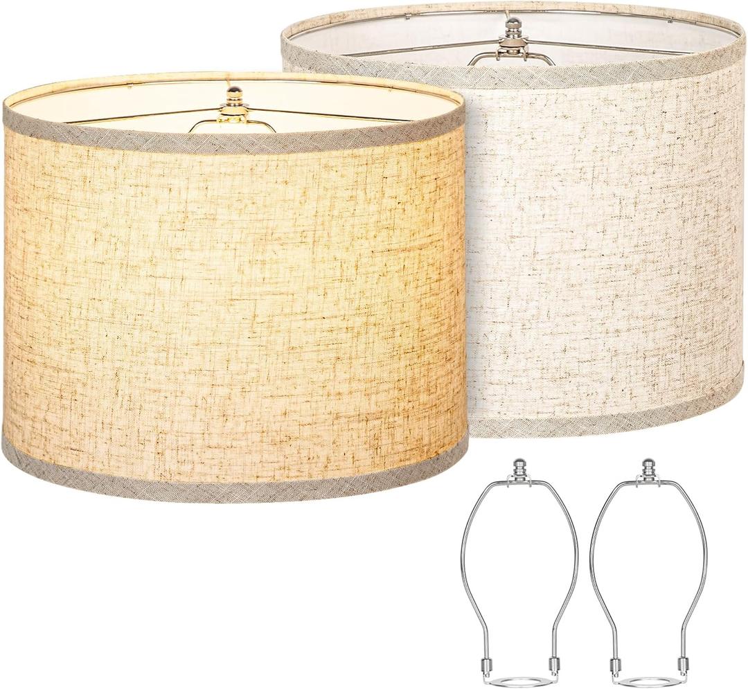 Lamp Shades Set of 2, Drum Lampshades 13" Top x 13" Bottom x 10" High with Spider Fitter, Large Replacement Lamp Shades for Table Lamps, Floor Lamps, Easy Assembly Required (2, Beige)