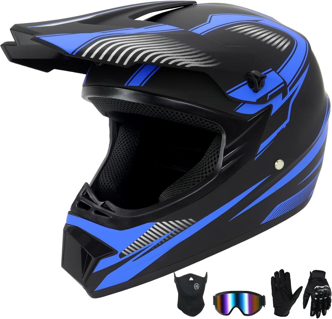 Youth Kids Dirt Bike Helmet Full Face Helmets,Motorcycle Helmets for Boys and Girls 8-14,Includes (Gloves Goggles Mask) 4Pcs Set,Motocross Bike Helmet for Off-Road ATV BMX MX,DOT Approved (Blue,L)