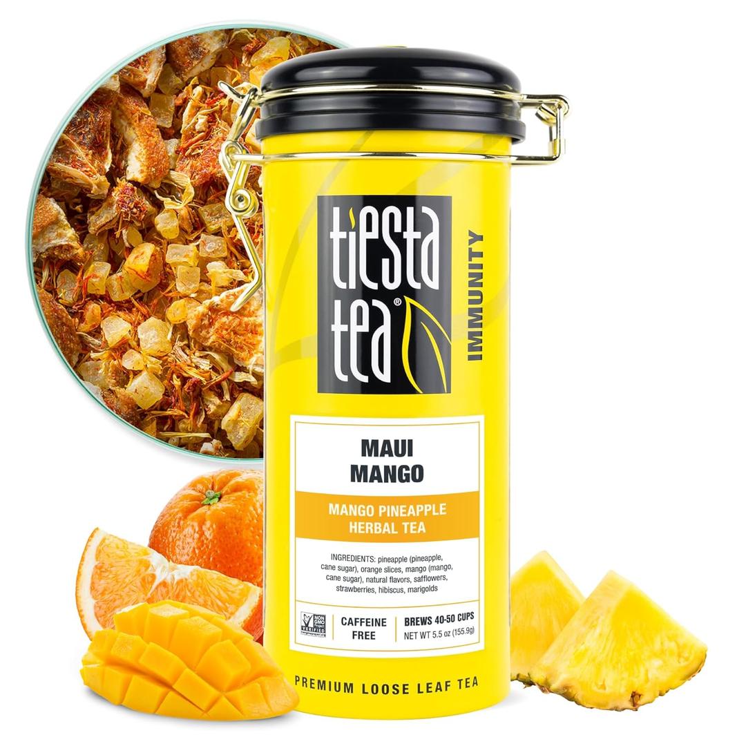 Tiesta Tea Maui Mango, Loose Leaf, Mango Pineapple Herbal Tea, Premium Non-Caffeinated Fruit Blend, Makes Hot or Iced & Brews Up to 50 Cups, 5.5 Ounce Refillable Tin (EXP 03/03/28)