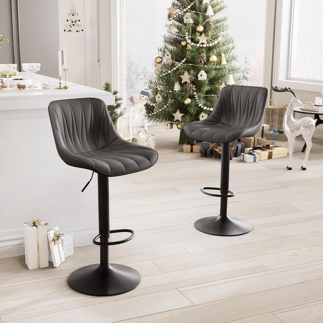 YOUNIKE Bar Stools Set of 2 for Kitchen Island, Black Swivel Tall Bar Stools, Adjustable Barstools with Back, Faux Leather Padded Stools, Modern Counter Height Bar Chairs with 300LBS Support, Black 