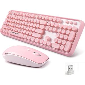 FOPETT Wireless Keyboard and Mouse Combo, 104 Keys FullSized 2.4 GHz Round Keycap Colorful Keyboards, USB Receiver Plug and Play, for Windows, Mac, PC, Laptop, Desktop (Pink)