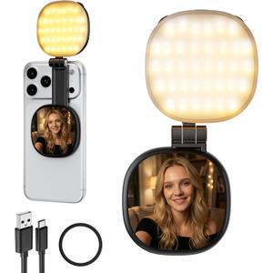 Foldable Magnetic Phone Selfie Light: No Camera Blocking CRI 95+ with Mirror & Adjustable & Rechargeable for Selfies/Photography/Vlog/Conference/Video Recording/Content Creator (Black)