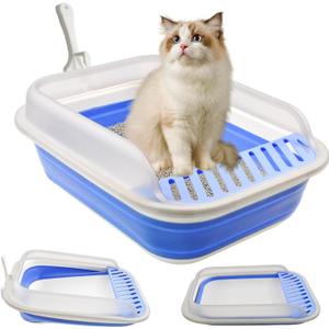 kathson Collapsible Kitten Litter Box,Foldable Anti-Splashing Small Kitty Litter Box Low Entrance Cat Potty Pan with Falling Sand Pedal Waterproof Portable Cat Toilet for Kittens (Blue)