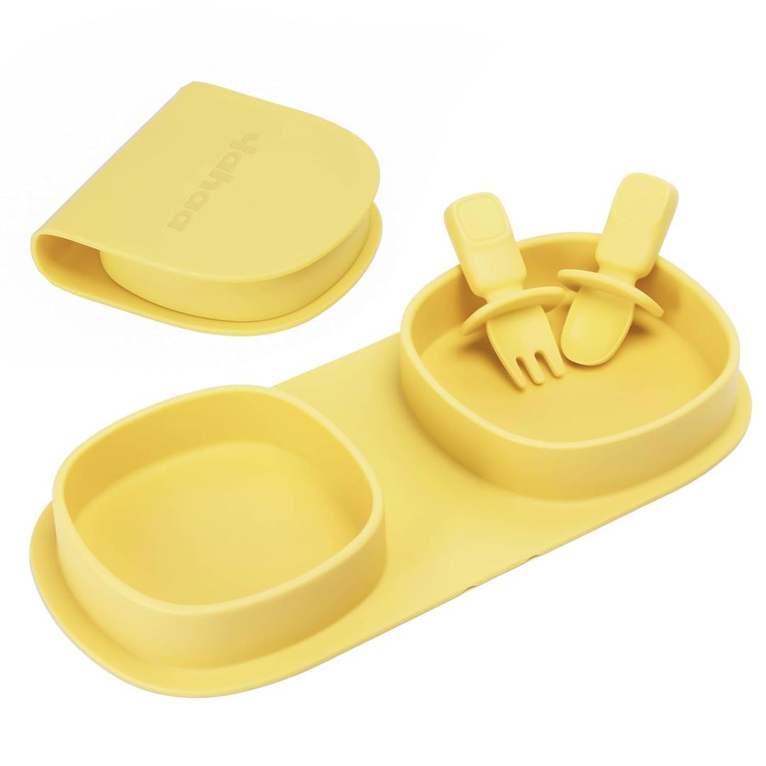 Toddler Plates Travel Essential on the go,Baby Plates with Forks and Spoons Self Feeding 6 months,Foldable,Silicone,BPA Free,Lemon