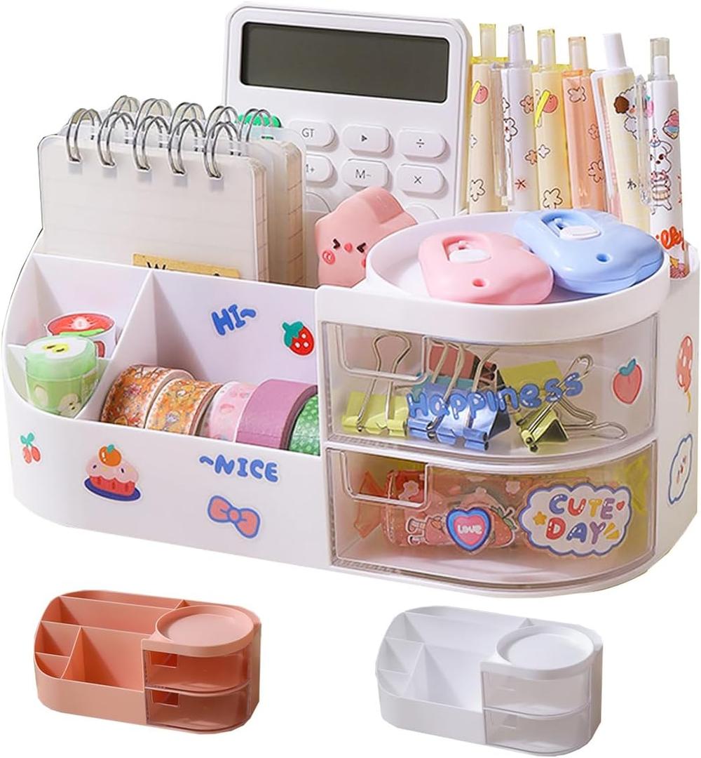 Kawaii Stationery Storage Box Makeup Organizer with 2 Drawers, Kawaii Pen Organizer with Stickers DIY Fun, Desk Organizers and Accessories with 5 Compartments for Teen Girls Office Art Supplie (Large, White)