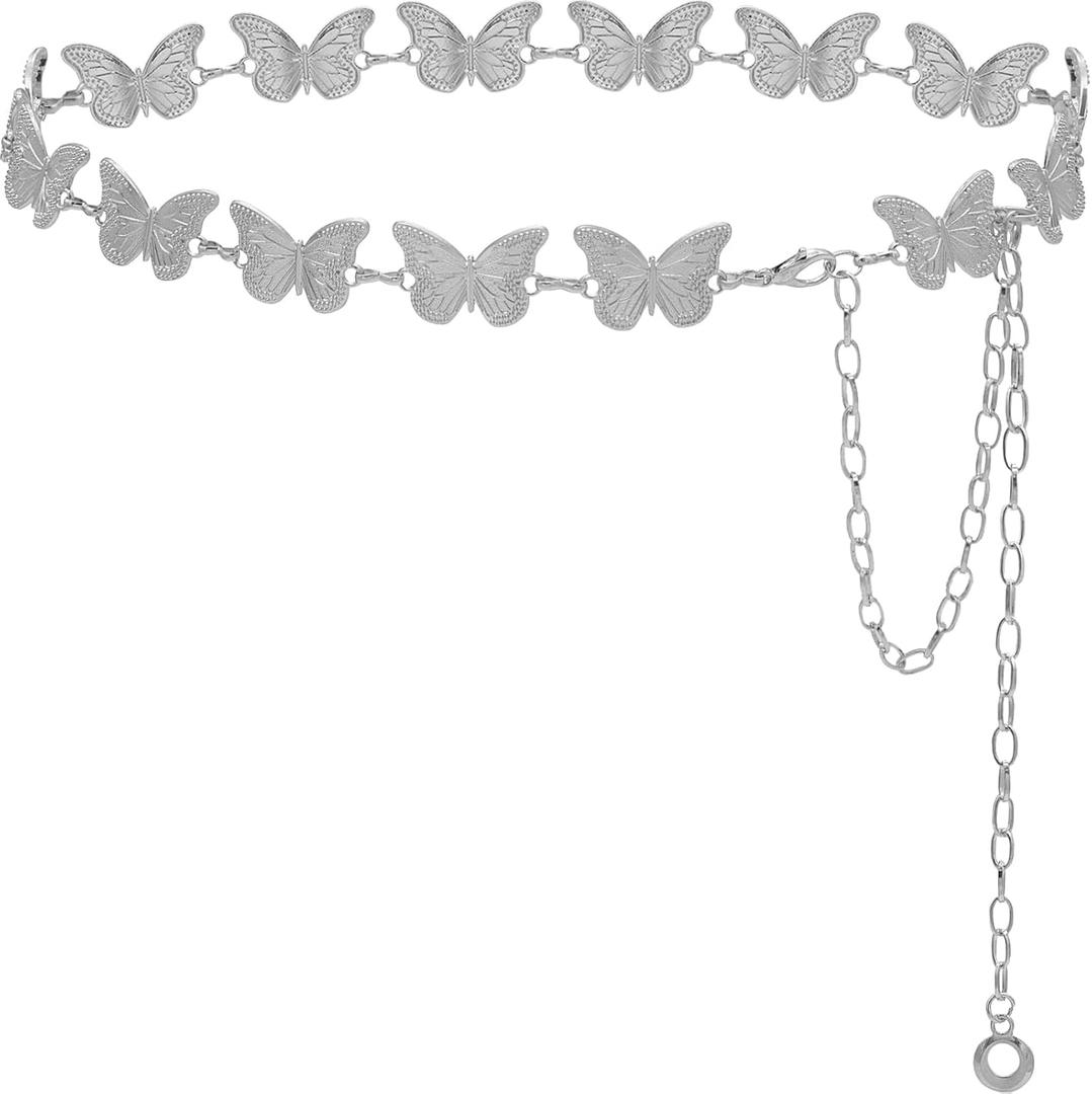 Waist Chain Belts Women Girls Metal Belly Link Adjustable Waist Belt for Jeans and Dress (S: 41.3 in, Silver Butterfly)