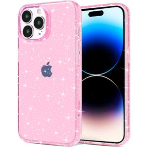JJGoo Compatible with iPhone 14 Pro Max Case, Bling Sparkle Soft TPU Anti-Scratch Shockproof Protective Phone Bumper, Women Girls Cute Slim Phone Case, Glitter Pink