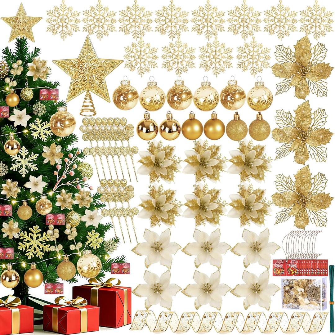 76Pcs Christmas Tree Decorations Set w/Shatterproof Plastic Balls Ornaments, Hanging Glitter Snowflakes, Ribbon, Artificial Poinsettia Flowers, Tree Topper for Home Holiday Wedding Party Decor (Gold)