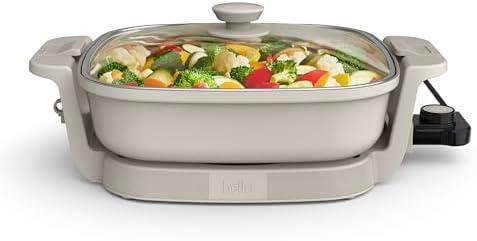 bella Make & Take Electric Skillet, Fits-anywhere™ kitchenware, EverGood™ Ceramic Coating, Adjustable Temperature & Dishwasher-Safe Tempered Glass Lid, Cast Aluminum Base, 1200 Watt, Oatmilk