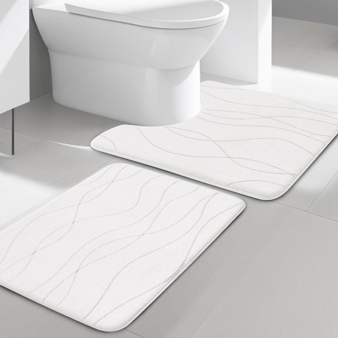YIHOUSE Memory Foam Bathroom Rug Sets 2 Piece, Ultra Absorbent Bath Mat for Bathroom - Non-Slip Machine Washable & Dry Quickly, 2 Piece Bathroom Mat Set,White