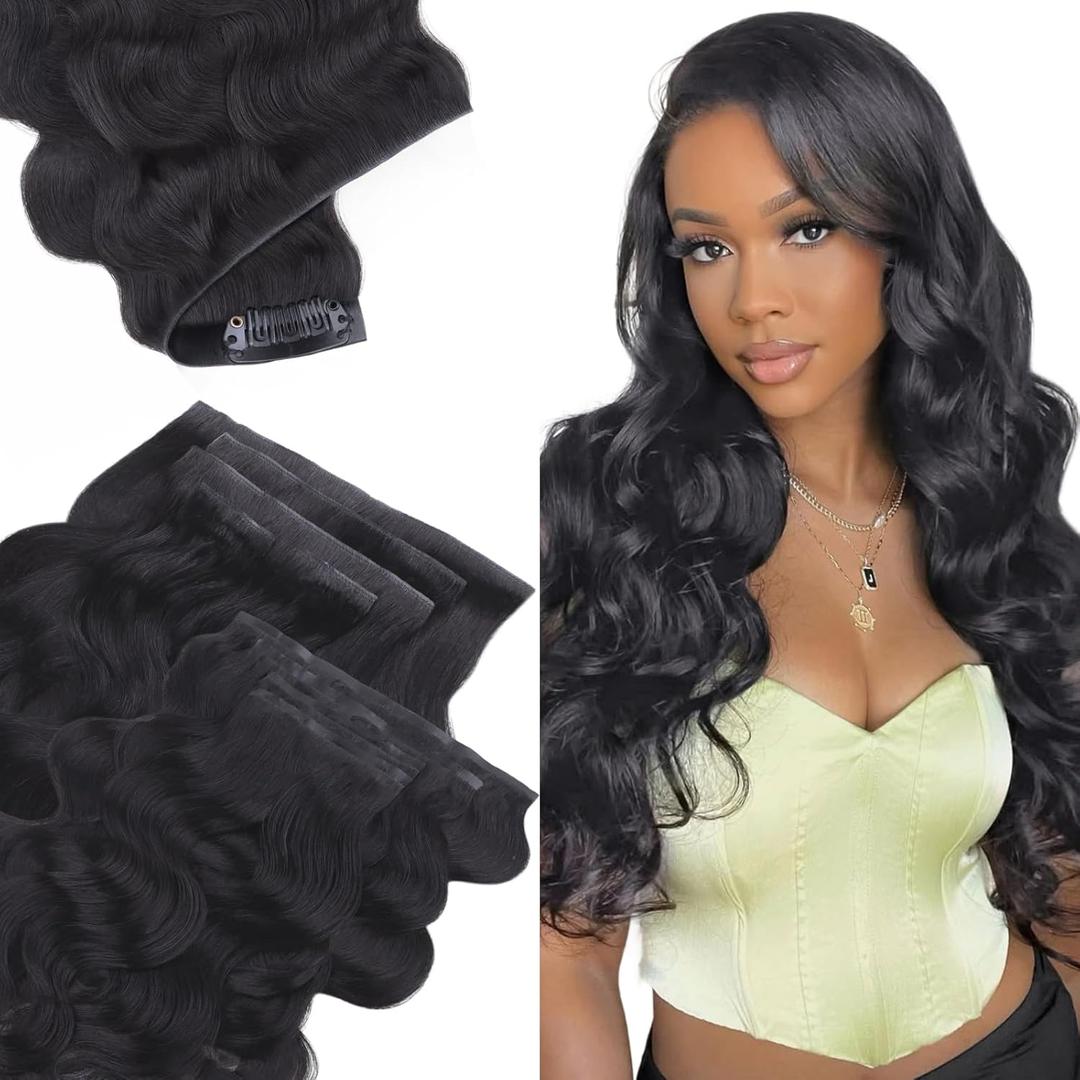 IDN BEAUTY 5+4 Invisible Seamless Clip in Hair Extensions Human Hair Combo Pack, Body Wave 20 Inch 140g 5pcs Invisible Edge and 4pcs Seamless Clip ins for Black Women Natural Black No Leave Out