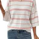 Dokotoo Womens Sweaters Spring Summer Oversized 3/4 Sleeve Striped Crewneck Casual Lightweight Knit Pullover Sweater Tops, Small