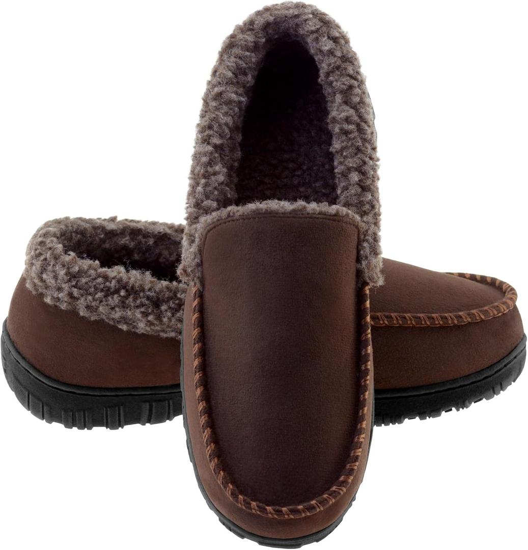 Lulex Moccasins for Men House Slippers Indoor Outdoor Plush Mens Bedroom Shoes with Hard Sole (10, Dark Brown)