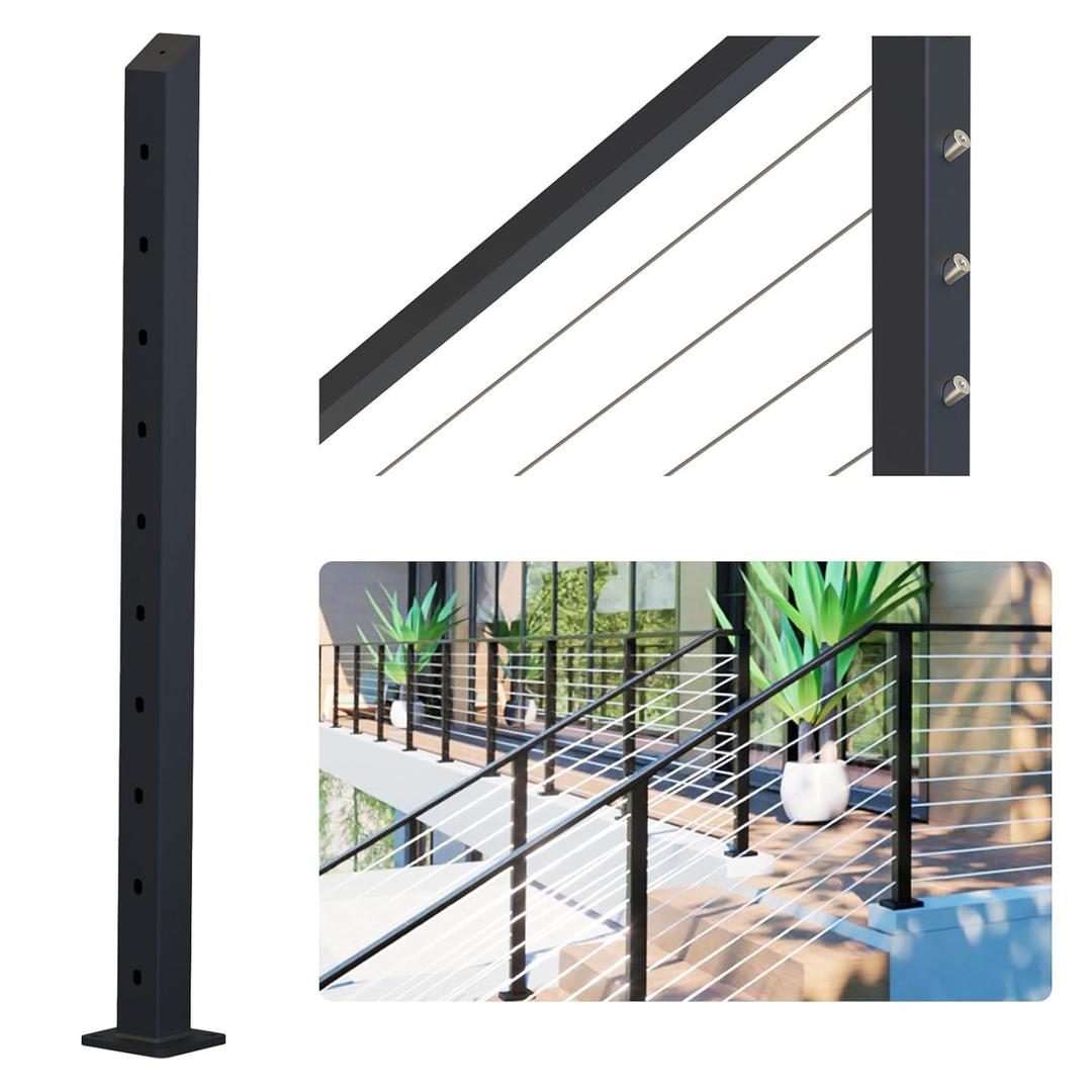 Dawn Railing 36" Heavy-Duty Cable Railing Post, 36x2x2 High Strength Steel Stair End Post with 33 Bevel Drilled Holes, Black Powder Finishing Surface for Cable Railing System Kit Stair, 1 Pack
