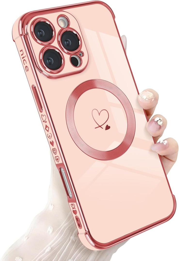 for iPhone 16 Pro Max Magnetic Case, Luxury Cute Love Heart Pattern Plating Edge Case for Women Girls Soft TPU Bumper Anti-Scratch Shockproof Protective Cover for iPhone 16 Pro Max-Pink