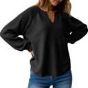 Fisoew Womens Oversized Long Sleeve Shirt Casual Waffle Knit Tunic Tops Lace Patchwork Pullover Sweatshirt (Black, L)