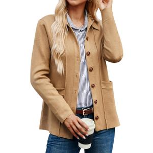 GRACE KARIN Women Casual Cardigan Knit Button Down Shirts Long Sleeve Shacket Jacket with Pockets (Large, Khaki)