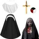 4 Pcs Halloween Nun Costume Accessories for Women, Nun Costume Hat Nun Collar Gold Cross Pendent Necklace Body Paints for Halloween Cosplay Women Fancy Dress Up, Nun Outfit, Halloween Party Props