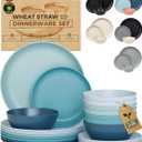 Grow Forward 24-piece Premium Wheat Straw Dinnerware Sets for 8 - Unbreakable Dishwasher & Microwave Safe Plastic Plates and Bowls Sets - Patio, Outdoors, RV, Camping Dishes - Seascape
