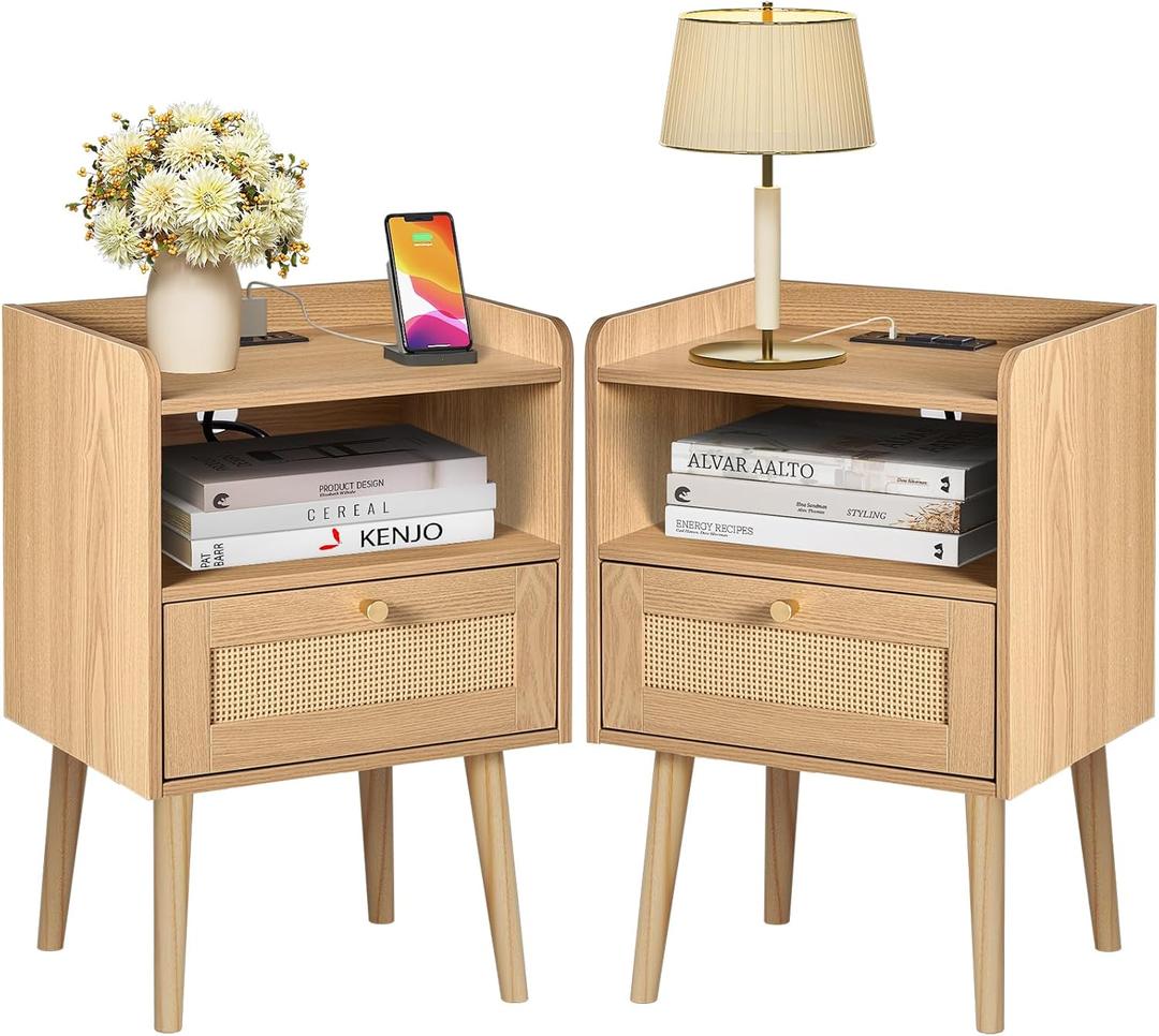 Rattan Nightstand with Charging Station, Mid Century Modern Bed Side Table, Boho End Table with Wood Legs, Bedside Tables for Farmhouse Bedroom Living Room Dorm Sofa Couch Office Corner (2, Natural)