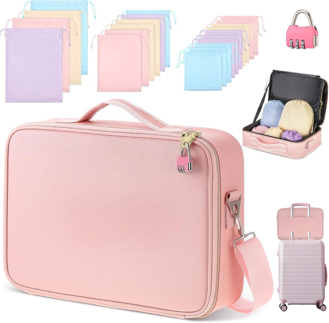 Eccliy Locking Adult Toy Bag Box Game Toys Storage Organizer with 20 Different Size Drawstring Bags Toy Storage Case for Women and Men(Pink,15.75 x 11.42 x 4.3 Inches)