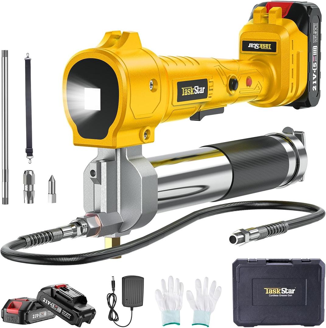 TaskStar Electric Grease Gun Cordless 10000 PSI, Grease Gun Kit with 22.0Ah Batteries & Charger, 39.4" Flexible Hose & LED Light for Tractors Trucks Trailers Heavy Equipment Maintenance (Yellow)