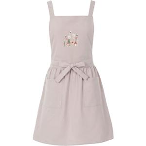 Embroidery Pinafore Apron Dress for Women with Pockets Floral Bee Chef Cotton Apron for Kitchen Cooking Gardening (Beige)