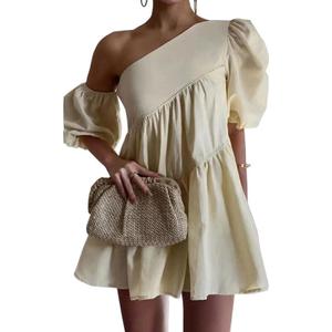 UOOZEE Women's Summer One Shoulder Mini Dress Puff Short Sleeve A Line Flowy Cocktail Party Club Short Dresses (Beige, XL)