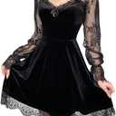 IKADEX Women Gothic Dress Vintage Lace Grunge Punk Goth Dresses Casual Cosplay Party Cocktail, Small