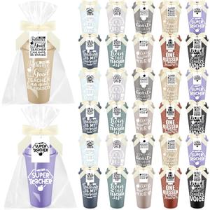 LemonRoad 30 Set Christmas Teacher Appreciation Gifts Bulk 16 oz Teacher Appreciation Coffee Cup with Lid Back to School Gift Thank You Tumbler with Lid Card and Bag(Lovely Style,Dark Colors)