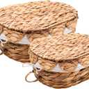Set of 2 Round Wicker Baskets with Scalloped Lids, Handles, Removable Liners - Decorative Handwoven Water Hyacinth Baskets for Organization of Home, Kitchen, Closet, Pantry, Bathroom, Bread Basket