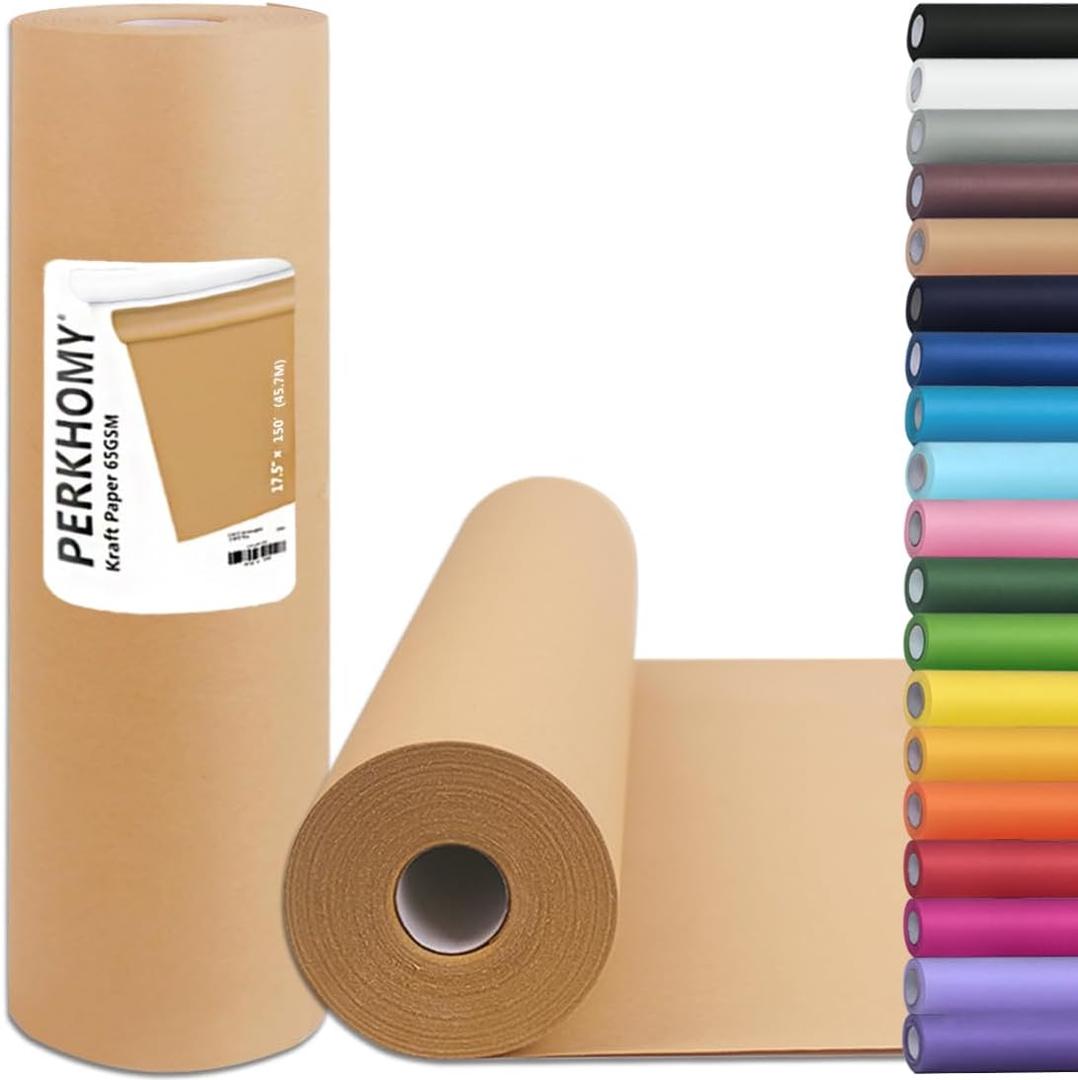 PerkHomy Brown Kraft Paper Roll 17.5" x 1,800" (150') for Gift Wrapping Bulletin Board Craft Art Bouquet Flower Packing Moving Shipping Floor Covering Table 70GSM 50LB (Brown, 17.5" x 150')