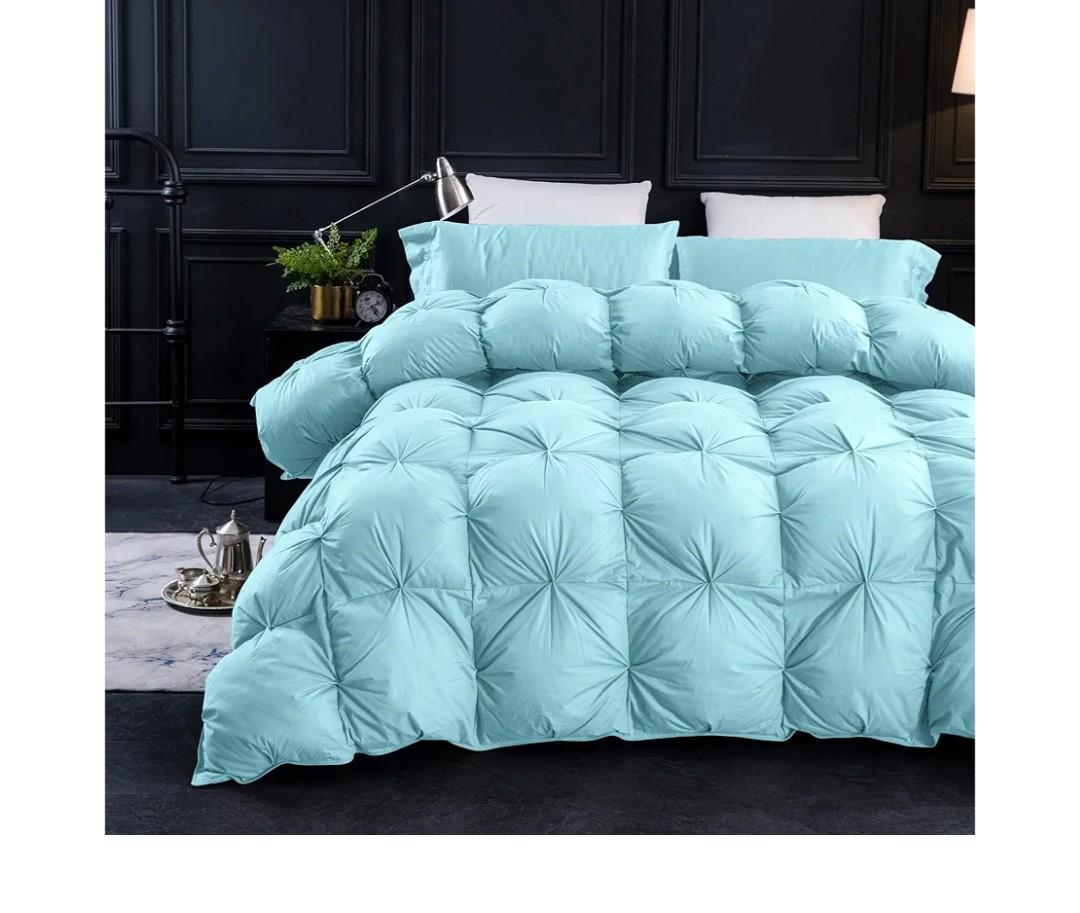 Three Geese Pinch Pleat Waterfowl Feathers and Down Comforter King Size Duvet Insert,750+ Fill Power,1200TC 100% Cotton, Premium All Seasons Aqua-Sky Warm Hotel Comforter with 8 Tabs.