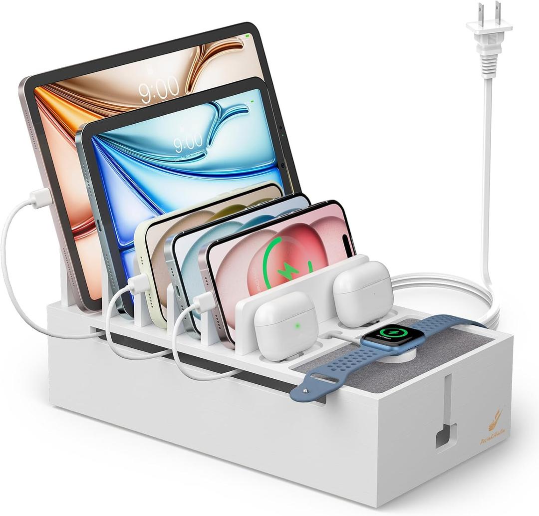 Pezin & Hulin Bamboo Charging Dock Station for Electronic Devices, Docking Organizer for Phone and Tablets, Smart Watch, Earbuds, Power Strip Box, Included 5-Port USB Charger and 6 Cables, White