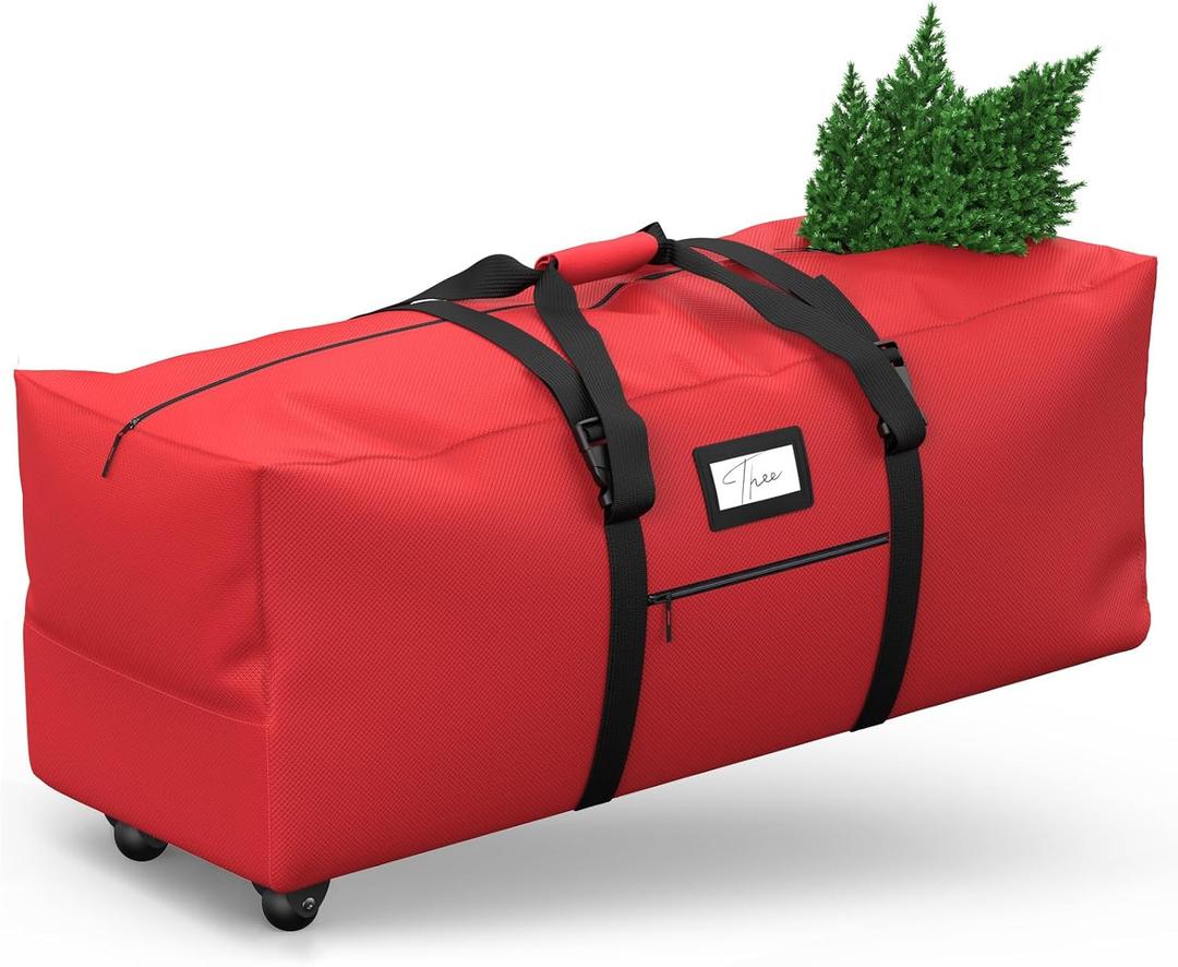 Rolling Christmas Tree Storage Bag, Fits Up to 7.5 ft Artificial Xmas Disassembled Trees. Extra Large Storage Container with Wheels and Handles. Against Dust and Moisture (Red)