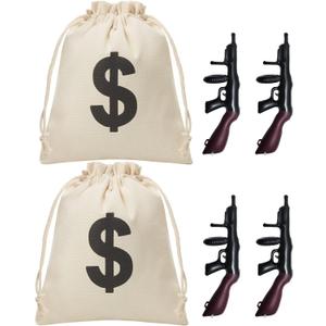 Zhanmai 6 Pcs Inflatable Gun Props Canvas Money Bag Pouch Set 1920s Party Decorations Money Bag with Drawstring Closure Party Prop Guns, Gangster Favors 20s Cosplay Theme Birthday Decoration