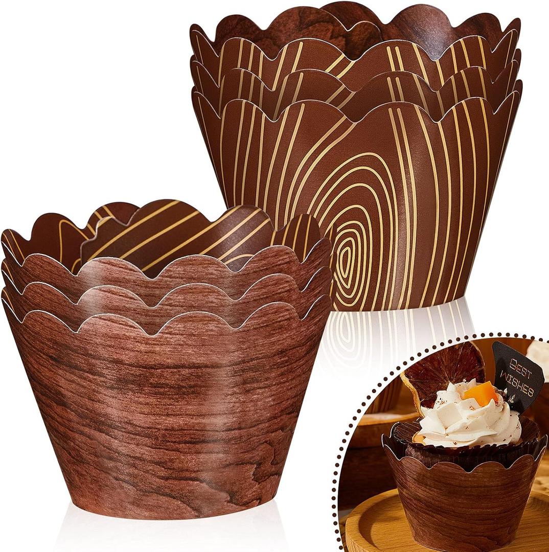 60 Pieces Wood Grain Cupcake Wrappers for Baby Shower, Paper Muffin Baking Liners Holders Cup Cake Liners Wrappers for Outdoor Camp Party Rustic Woodsy Wedding Birthday Supplies