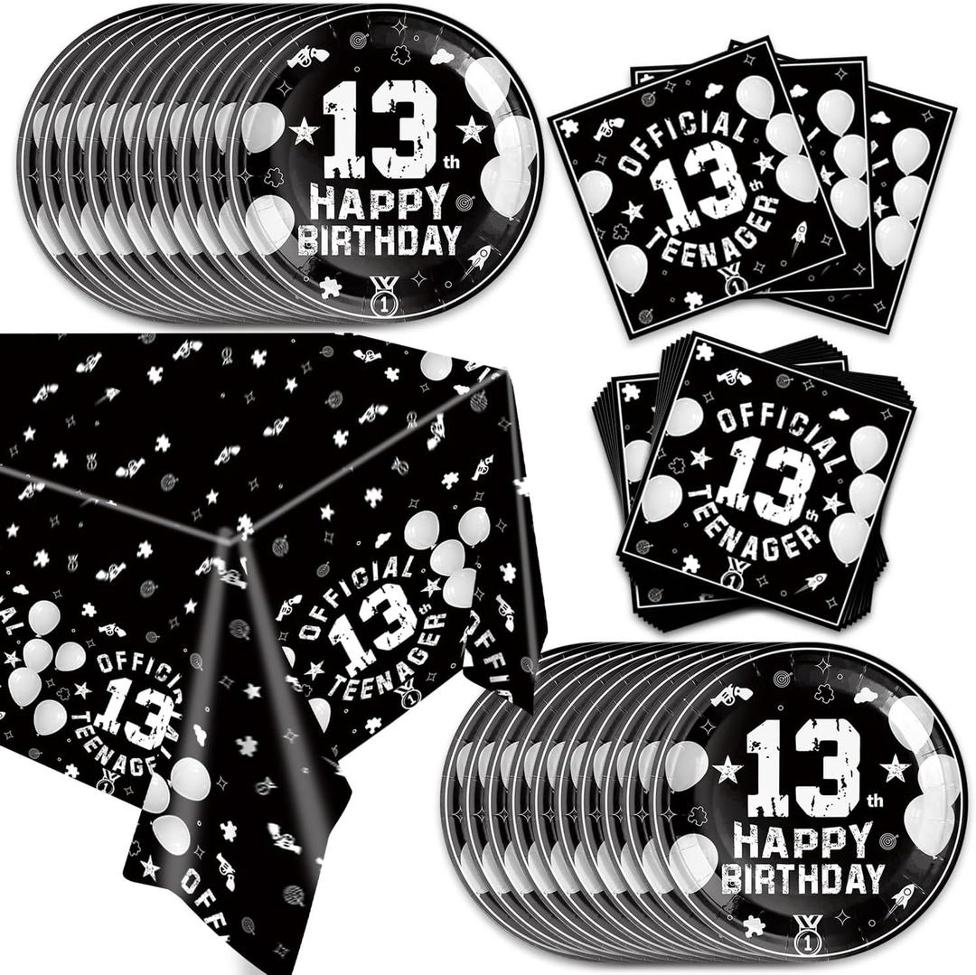 41pcs 13th Black Silver Party Supplies ,include 20 Dessert Plates, 20 Napkin and 1pcs Tablecloth,Used for 13th Black Silver Birthday Party Decoration (13 Black Silver)