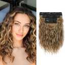 REECHO Clip in Hair Extensions - 4PCS 12" Short Curly Wavy Brown Hair Extensions with Invisible Lace Weft and Highlights (Light Brown with Highlights)