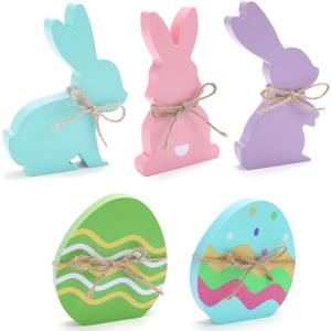5 Pcs Easter Table Decor, Rabbit Eggs Signs with Jute Rope, Bunny Decor Farmhouse Table Centerpieces Wooden Decorations, Easter Party Decorations for Home Office Desk Tabletop
