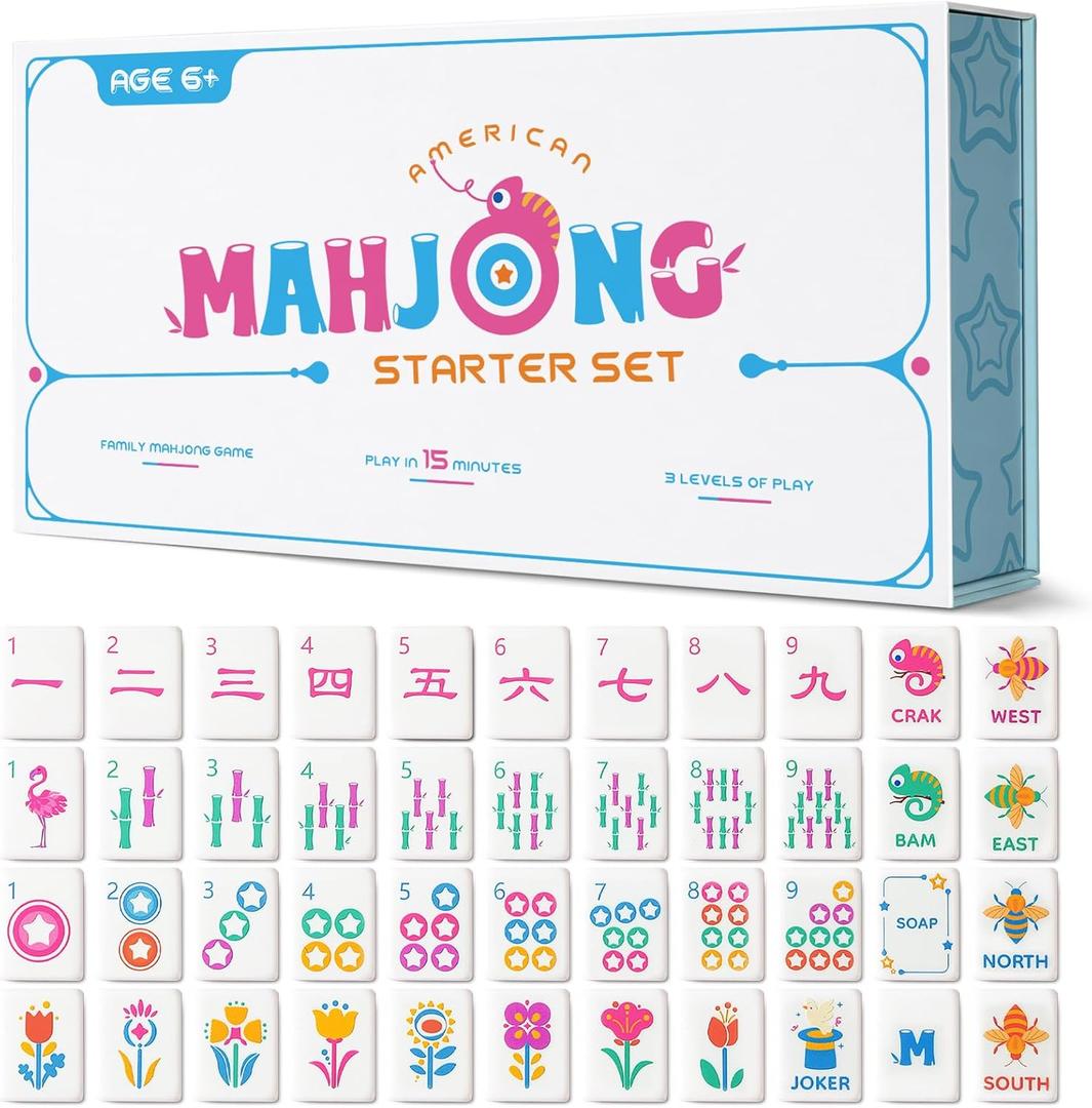 Mini Mahjong Set for Kids & Beginners, Portable Travel Mahjong Tiles Set American for Family, 160 Acrylic Mini Mahjong Tiles with Carrying Bag, Mat, Racks, Mah Jong Starter Kit for Ages 6+ (Blue)