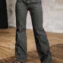 Flamingals Straight Leg Pants for Women Mid Rise Casual Front Patch Pocket Design Solid Seam Pants